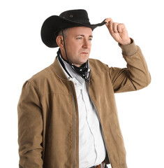 Canvas Print - Mature cowboy on white background