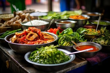 A vibrant street food stall in Thailand specializing in the preparation and sale of traditional Khanom Bueang, beautifully garnished with colorful toppings