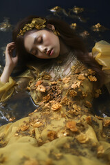 Wall Mural - the asian woman in a golden dress laying next to a pond