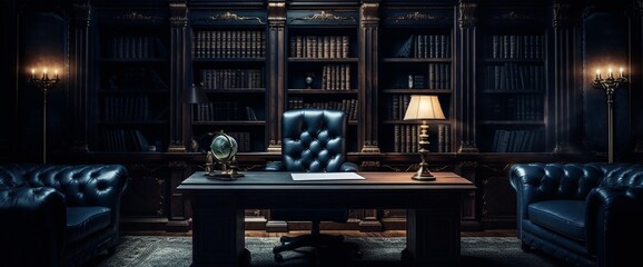 Canvas Print - Classy, dark blue home office interior for a global businessman with elegant furniture and a computer on a wooden desk
