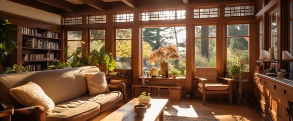 Wall Mural - Cute craftsman cottage interiors warm colors mid century leaded windows soft airy rooms