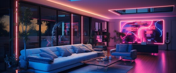 Wall Mural - Interior of stylish living room with neon lighting