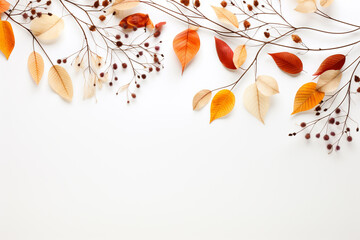Wall Mural - Autumn colorful leaves on white background with copy space.