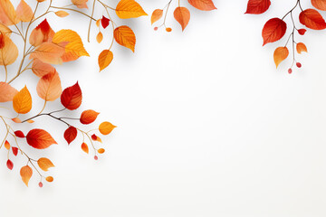 Wall Mural - Autumn colorful leaves on white background with copy space.