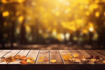Wall Mural - Empty wooden top table with blurred autumn background.