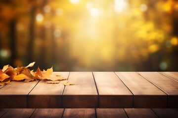 Wall Mural - Empty wooden top table with blurred autumn background.