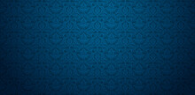 Vector Illustration Blue Background With Damask Patterned Wallpaper For Presentations Marketing, Decks, Canvas For Text-based Compositions: Ads, Book Covers, Digital Interfaces, Print Design Templates