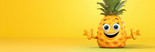 Funny Pineapple Fruit Character On A Yellow Background, Advertising Banner, Web Banner, Place For Your Text, Copy Space, Empty Space, Generative AI