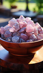 Wall Mural - Purple crystal in wooden bowl