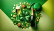 A festive and neatly arranged St. Patrick's Day themed scene on a clean green backdrop with ample copyspace. The composition includes a leprechaun hat, beer, shamrock,golden coin