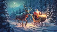 Santa Claus In A Winter Wonderland, With Reindeers And Elves Preparing For Post-Christmas Deliveries, In Magical Fantasy Art 