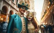 Mardi Gras poster. Happy couple in carnival costumes posing for photo and looking at the camera on crowded European street during parade. Venetian masquerade party outfit. Face art. AI Generative