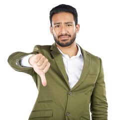 Wall Mural - Portrait man, business problem and thumbs down for negative fail sign, no opinion vote or decision disagreement. Emoji hand gesture, corporate crisis and agent isolated on transparent, png background