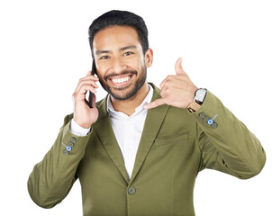 Wall Mural - Phone call, hand gesture and portrait of businessman isolated on a transparent PNG background. Asian man talking on mobile smartphone for business discussion, conversation or chat with shaka sign