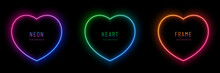 Set Of Blue, Red-purple, Green Heart Shape Frame Design. Abstract Cosmic Vibrant Color Backdrop. Collection Of Glowing Neon Lighting On Dark Background With Copy Space. Valentine Day Element Design.