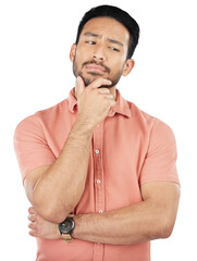 Leinwandbilder - Confused, thinking and asian man with questions on isolated, transparent and png background. Why, doubt and face of Japanese male model with brainstorming emoji for solution, problem solving or guess