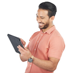 Aufkleber - Search, tablet and happy man for entrepreneur, technology and internet on isolated transparent png background. Online, planning and young person for employee, working and connection for networking