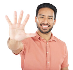 Poster - Palm, portrait and happy asian man with stop, hands or gesture on isolated, transparent or png background. Hi, wave and face of Japanese male model with hello emoji, welcome or greeting expression