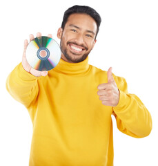 Poster - Man, portrait and CD with thumbs up and happy from music of DVD and isolated on transparent png background. Smile, motivation and like emoji hand sign of a male person to promote and multimedia disk