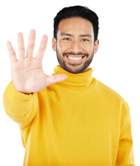 Poster - Man, stop and hand in portrait, smile and emoji for opinion, rejection or no isolated on a transparent png background. Happy person with palm to protest, sign language gesture or wave communication