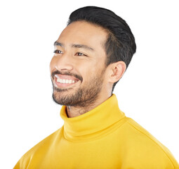 Leinwandbilder - Thinking, smile and asian man with positive mindset, attitude or memory on isolated, transparent and png background. Happy, face and Japanese male model with idea inspiration, good mood or confidence