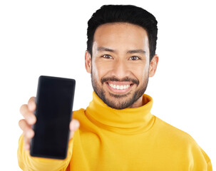 Poster - Asian man, portrait or smile and phone for advertising isolated on a png transparent background. Businessman, smartphone and display or screen in marketing or advertisement for social media and happy