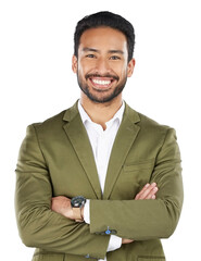 Aufkleber - Businessman, arms crossed and portrait of professional in confidence isolated on a transparent PNG background. Face of happy asian man, employee or expert in corporate job pride, ambition or mindset