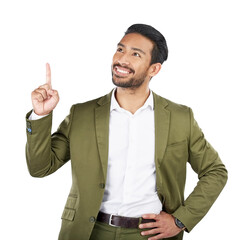 Aufkleber - Businessman, thinking and pointing up for advertising, solution or marketing isolated on a transparent PNG background. Face of asian man smile or finger in wonder for decision, choice or showing idea