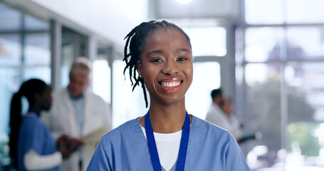 Canvas Print - Woman, doctor and happy portrait for healthcare, hospital or clinic services, confidence and health experience. Professional medical worker, nurse or face of African person smile for ADN internship