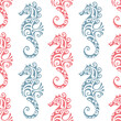 seamless pattern with seahorse maori style. Blue and coral colors