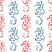 Seamless Pattern With Seahorse Maori Style. Blue And Coral Colors