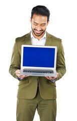 Poster - Businessman, holding and laptop with green screen in portrait with promotion, announcement or alert on web. Asian person, technology and homepage on isolated or transparent png background by internet