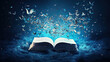 open book with magic light, A blue open book with pages butterfly  flying from it.