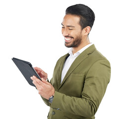 Sticker - Businessman, smile and reading on tablet for social media, email and announcement on website. Asian person, face or excited emoji for online consultation on isolated or transparent png background