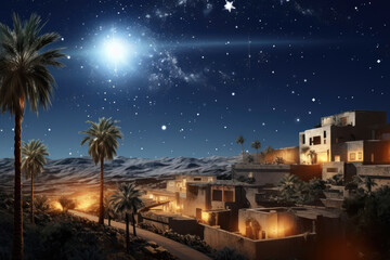 Sticker - Christmas star over city of Bethlehem. Nativity story. Birth of Jesus Christ. Beautiful dark blue starry sky and bright star background