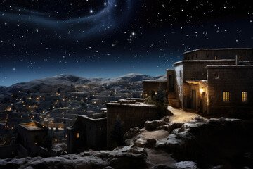 Wall Mural - Christmas star over city of Bethlehem. Nativity story. Birth of Jesus Christ. Beautiful dark blue starry sky and bright star background