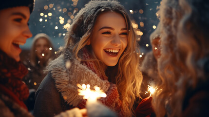 Wall Mural - Group of happy young friends holding sparklers at a new year's eve party