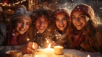 Wall Mural - Group of happy young friends holding sparklers at a new year's eve party