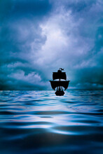 Pirate Ship Silhouette Sailing On A Tranquil Sea, With Cloudy Sky Above