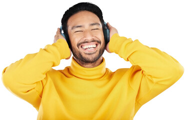 Poster - Smile, headphones and man or music, happy and streaming radio or isolated on transparent png background. Asian male person, podcast and hearing audio or song, playlist and sound for relaxing or free