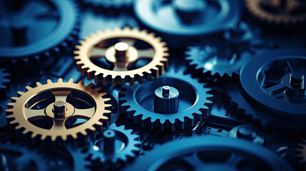 Poster - close up view of a gears, Blue gears technology background,Hi-tech digital technology and engineering on blue color background