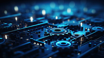 Poster - close up view of a gears, Blue gears technology background,Hi-tech digital technology and engineering on blue color background