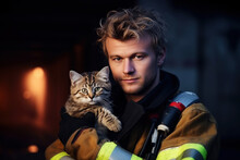 Fireman Holding A Cat In His Hands. Hero Saving A Pet
