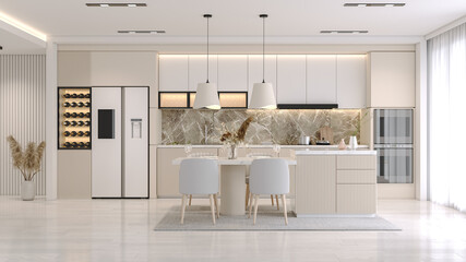 modern contemporary kitchen room interior .white and cream color material 3d render