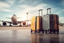 Travel Luggage And Airplane On The Airport Runway. Travel And Vacation Concept, Suitcases In The Airport. Travel Concept, Plane Flying On The Background, AI Generated