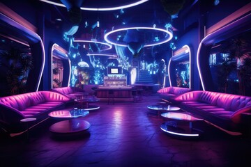 Poster - night club interior with neon lights. nightlife concept. 3d rendering, stylish nightclub with neon s