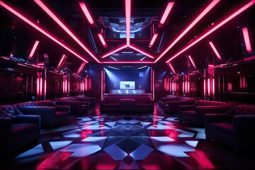 Poster - 3d rendering of a futuristic room with neon lights in the background, stylish nightclub with neon sp