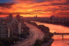 Dramatic Sunset Over The Dnieper River In Kiev, Ukraine, Sunset Over Buenos Aires, Argentina, AI Generated