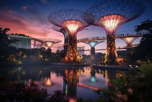Supertree Grove At Gardens By The Bay In Singapore. Gardens By The Bay Is A Park Spanning 101 Hectares Of Reclaimed Land In Central Singapore