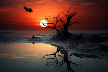 Poster - Silhouette of dead tree on the beach at sunset with birds, Sunset Bird Surreal Inspirational Nature Abstract, AI Generated